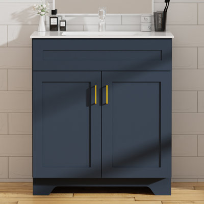 30" Bathroom Vanity with Sink, Farmhouse Wooden Double Door Bathroom Storage Cabinet,Freestanding Farmhouse Cabinet Vanity with Ceramic Sink (Paint, Blue,30")