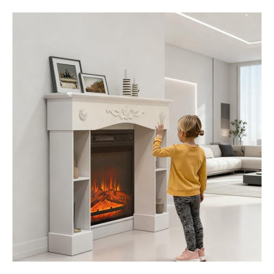 Manteau de cheminée autoportant avec pieds décoratifs pour insert de cheminée électrique, panneau de fibres à densité moyenne blanc et fabrication en bois