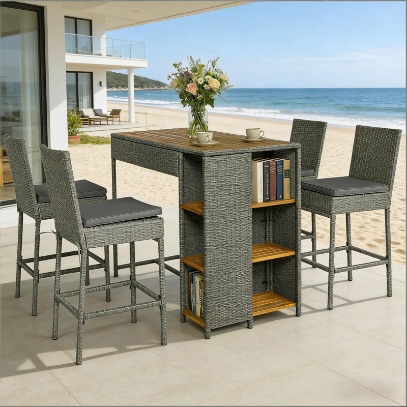 Table et chaises pour l'extérieur, ensemble de bar d'extérieur en osier 5 pièces, chaise