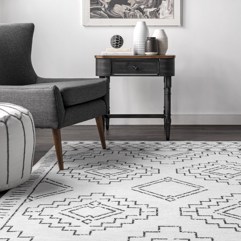 Oscar Geometric Machine Washable Area Rug for Living Room Bedroom Dining Room Kitchen, White/Charcoal, Rectangle 4' x 6'