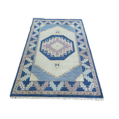 Tapis unique en laine bleu / brun / beige de 3 pi 11 po x 5 pi 11 po Kewaunee