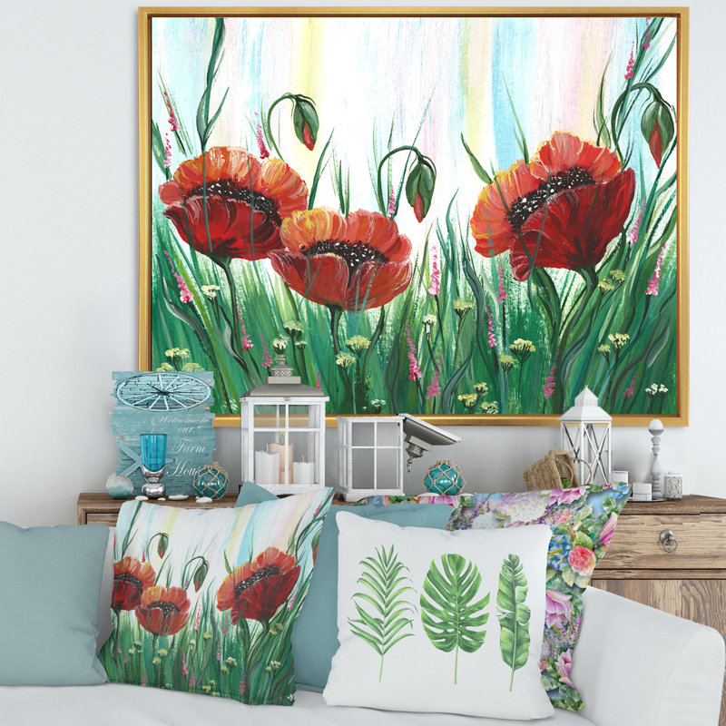 Fleurs de coquelicot rouge vif sur un pré vert - peinture sur toile, H 24 po x l 32 po x P 1 po, Toile encadrée d'or