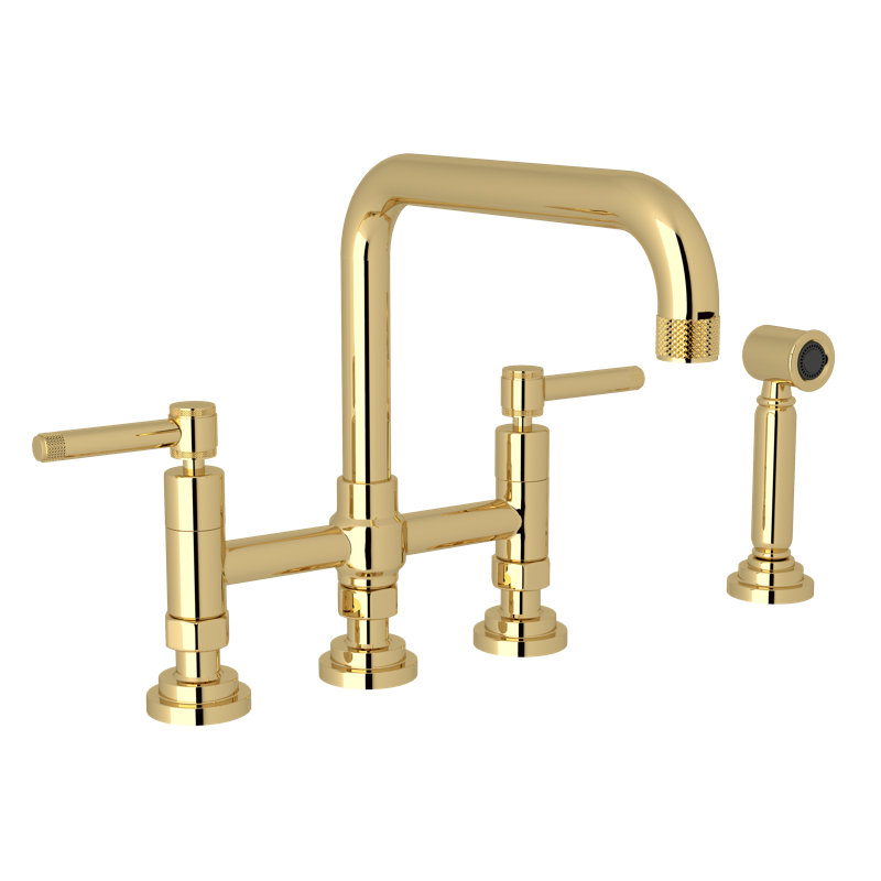 Campo Bridge Kitchen Faucet With Side Spray, Unlacquered Brass, Lever Handle