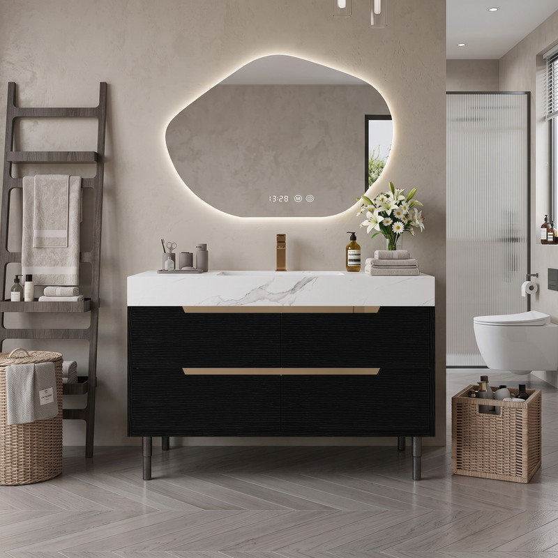 Meuble-lavabo multifonctionnel de 35,4 pouces avec lavabo en céramique encastré, comptoir en pierre frittée, structure en bois multicouche imperméable et 4 tiroirs de rangement, autoportant et mural