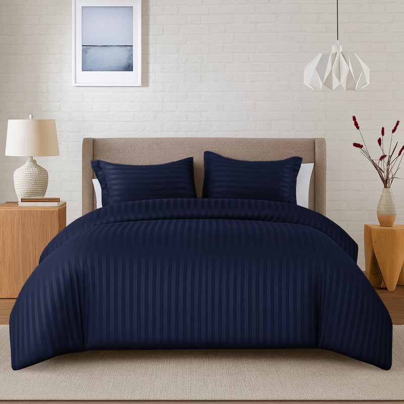 Aspire Homeware 3 Piece Hotel Quality Dyed Duvet Complete Set with Pillowcases for Premium Comfort, Navy