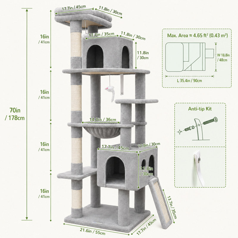 Tour pour arbre à chat 70 po, hamac et poteaux à griffes 70 po