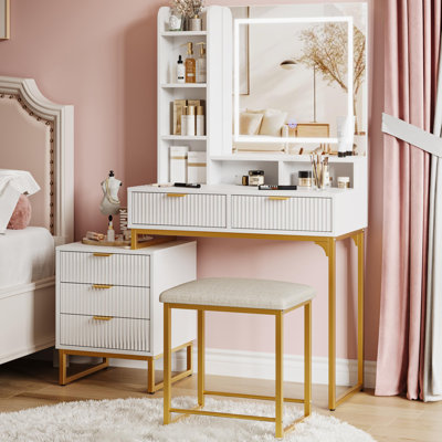 Bureau de coiffeuse blanc, ensemble de coiffeuse avec miroir et lumières réglables, coiffeuse 5 tiroirs