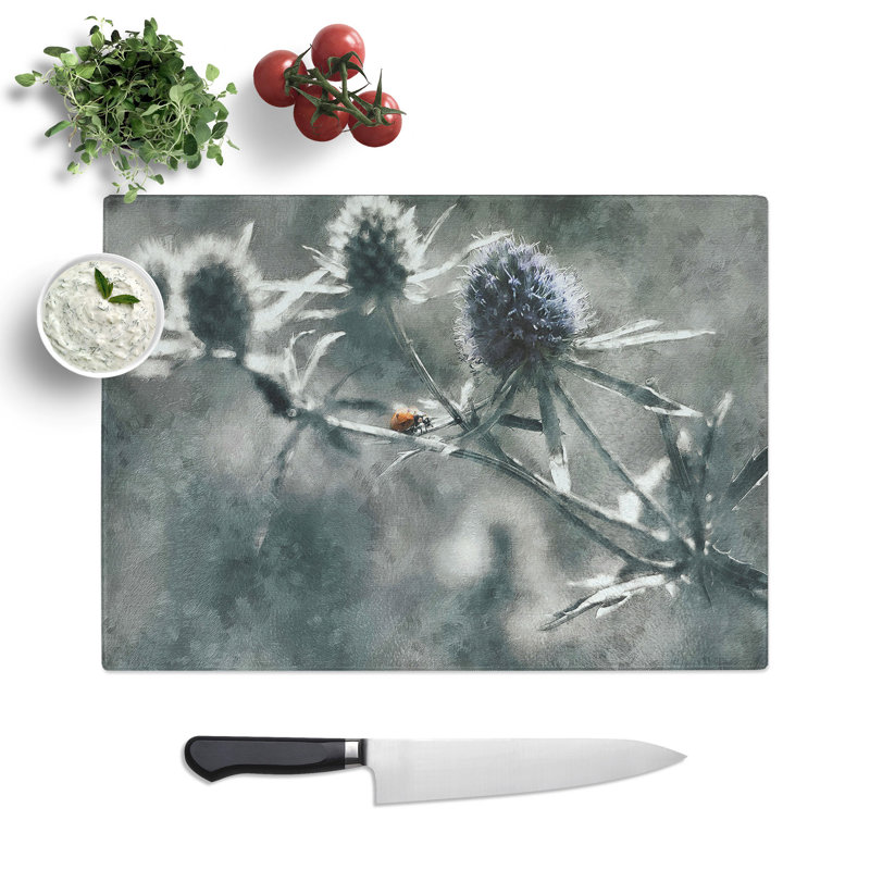 Tempered Glass Ladybird upon a Thistle Flower Chopping Board, 28.5 cm x 39 cm