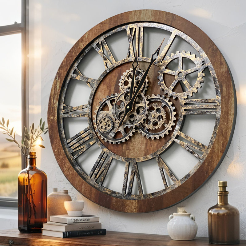 Wall Clock 24" Round Oversized for Living Room decor with Real Moving Gears America Collection, Vintage Brown