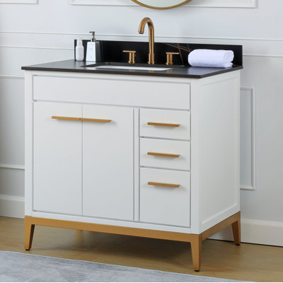 Tennant Brand 36 Inch Modern Freestanding White Beatrice Bathroom Vanity, Single Sink, Black Sintered Stone Top, Fully Assembled