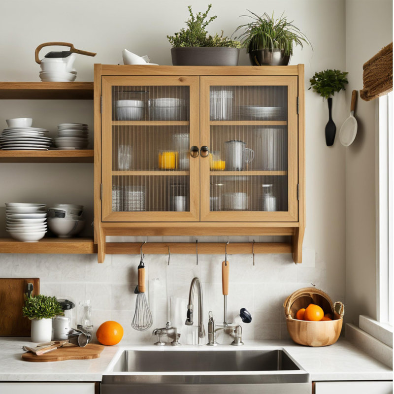 Wood Bathroom Wall Cabinet With Glass Doors, Natural