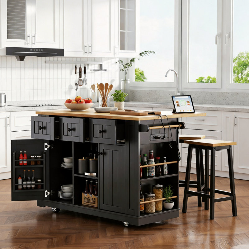 53.2-Inch Kitchen Island 3-Piece Set With 2 Bar Stools, Power Outlet, Interior Door Storage, Folding Tabletop, 5 Wheels, 5 Side Shelves, 3 Drawers, Black.