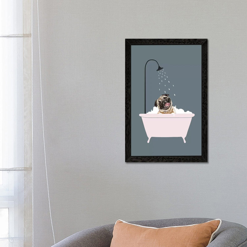 Laughing Pug Enjoying Bubble Bath by Big Nose Work - Single Picture Frame Print on Canvas, Black Framed