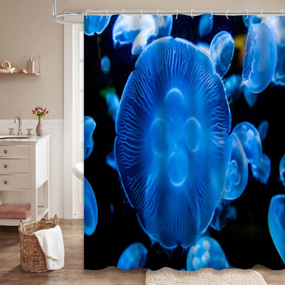 Moon Jellyfish Soft Light Water Shower Curtain with 12 Hooks