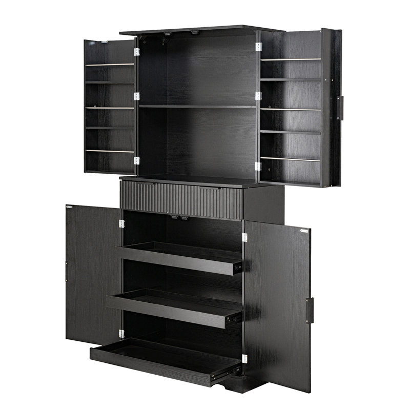 Fluted Kitchen Pantry Cabinet with 3 Keyboard Drawers & 6 Door Shelves Adjustable, Freestanding Cupboard Storage Cabinet for for Bathroom Diningroom