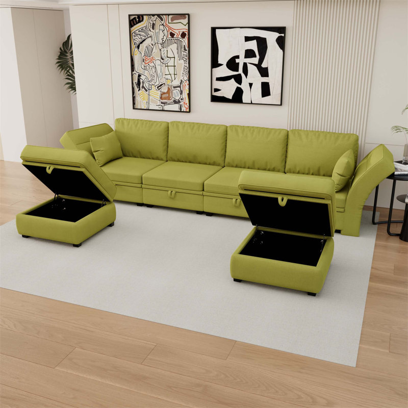 Wide Reversible Modular Sofa & Chaise with Ottoman, Olive Linen