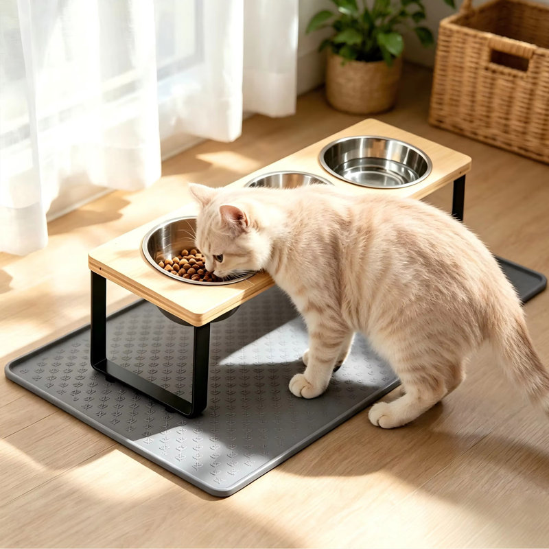Gamelle triple en acier inoxydable avec support en bambou et tapis antidérapant en silicone pour chats et petits chiens