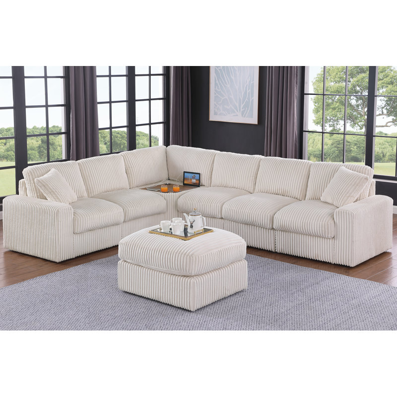 Canapé d'angle modulaire avec table et porte-gobelet Phalangere, Polyester beige