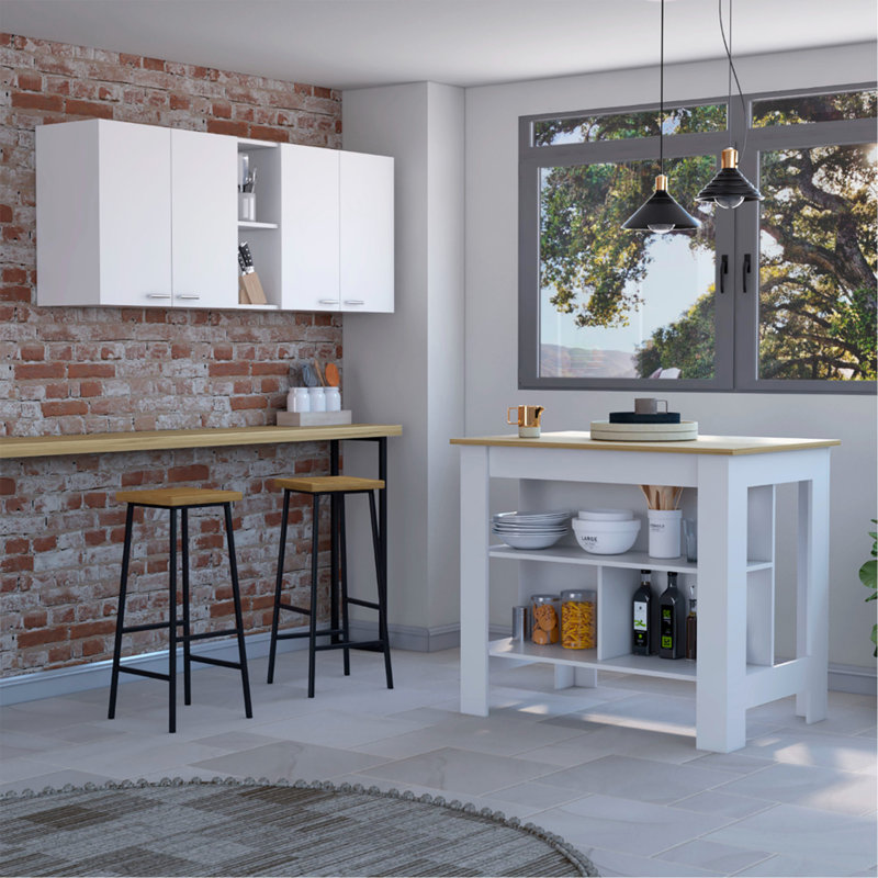 Ensemble de cuisine 7 pièces 4 portes 4 pièces, armoire murale supérieure et îlot de cuisine, Chêne / Blanc