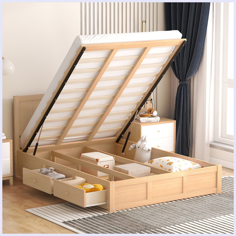 Lit plateforme moderne en bois avec rangement inférieur et 2 tiroirs, Double