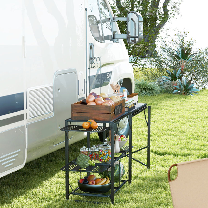 Table de cuisine de voyage pliable avec espace de rangement spacieux, réglable et suspendu, avec options de camping pliant, lanterne et accessoires