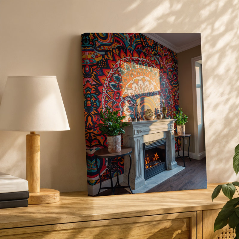 Canvas A Vibrant Living Room Featuring A Striking Wall Mural With Wall Art Intricate Floral And Mandala Patterns In Vivid Reds Oranges Canvas Wall Art
