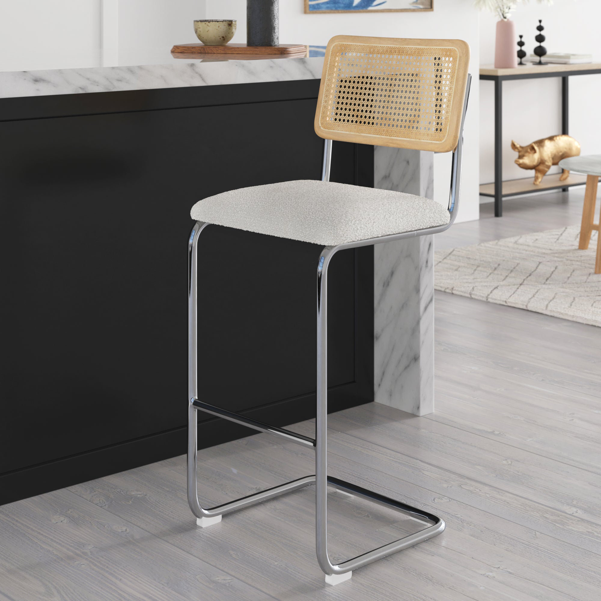 Walsh Boucle Bar & Counter Stool, Bar Stool (30” Seat Height), White Boucle/ Chrome Frame
