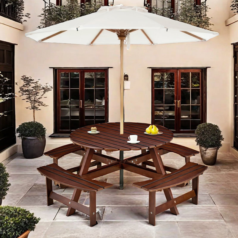 Evislandys Outdoor 8-Person Round Picnic Table with 4 Built-in Benches, Umbrella Hole, Brown