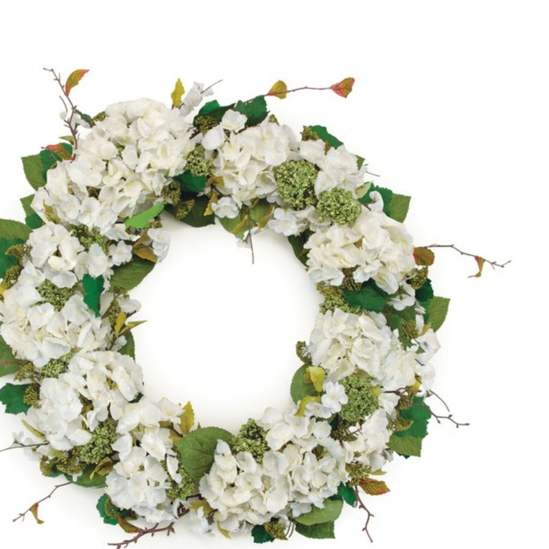 Hydrangea and Seedum Floral Wreath, 22'' W X 22'' H X 7.45'' D, White, Green