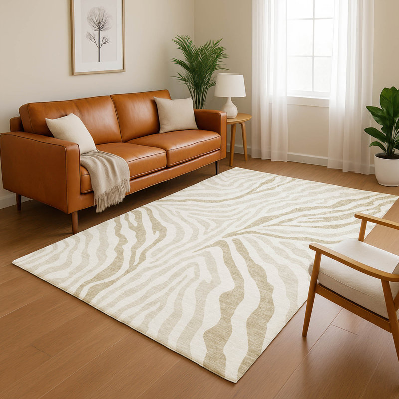 Tapis Villers AMF2523 à motif animal, lavable à la machine de qualité supérieure, Ivoire ivoire, 3 pi x 5 pi
