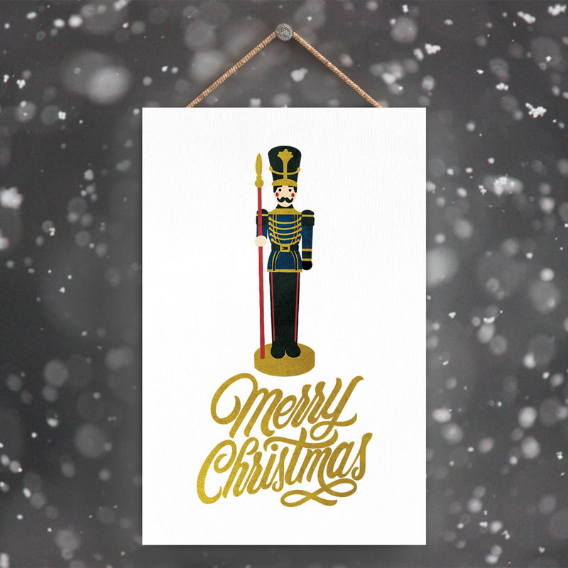 Xmas Merry Christmas Nutcracker Wooden Plaque, 18.5cm H x 12cm W x 0.9cm D, White/Yellow
