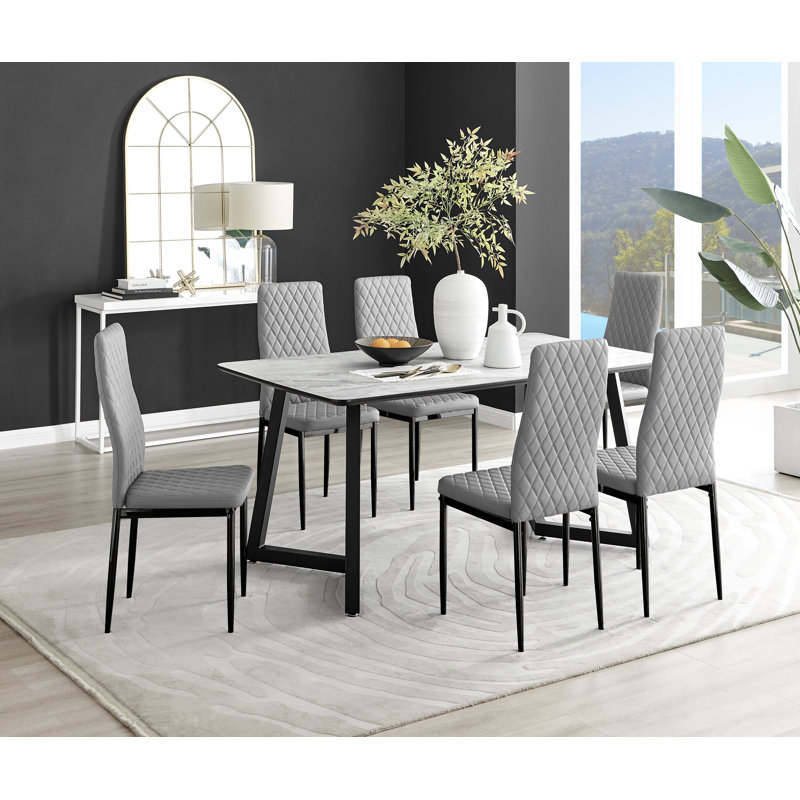 White Marble Effect Melamine Dining Table Black Legs & 6 Luxury Faux Leather Chairs Modern Design, Grey/Black