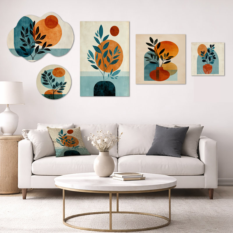 Bleu et orange, plante géométrique minimaliste bohémienne - ensemble de décoration murale botanique, toile encadrée et métal 5 pièces (100 po x 40 po)