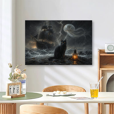 Art mural sur toile, "Chat noir sur un bord de mer orageux avec bateau pirate fantôme et méduse rougeoyante"