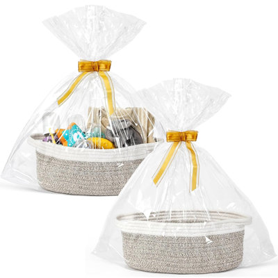 Ensemble de 2 petits paniers tressés avec sacs et rubans, boîte-cadeau décorative vide, joli panier-cadeau pour chambre de bébé, panier de rangement en corde de coton avec poignées, tous 12 po x 8 po x 5 po, brun