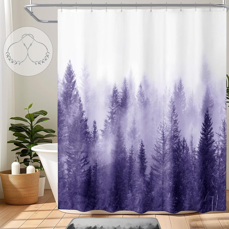 Ensemble de rideau de douche Misty Forest avec crochets - Rideau de salle de bain en polyester imperméable avec motif boisé naturel, ourlet lesté pour plus d'intimité