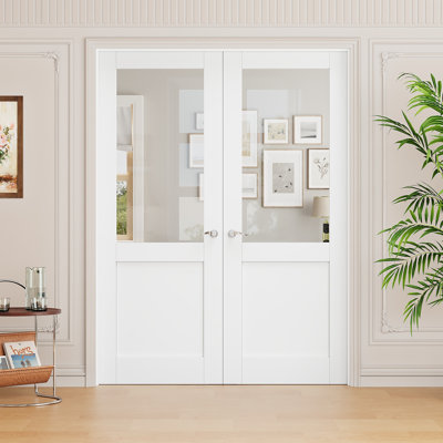 Interior Pantry French Doors Half Clear Glass Panel Modern Solid Manufactured Wood Primed French Double Door With Hardware / Frame