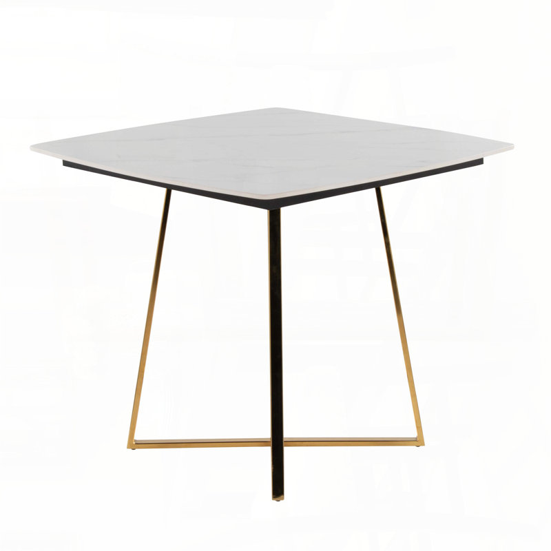 Table de salle à manger avec base en métal doré et plateau en céramique effet marbre blanc, Plateau blanc / base or