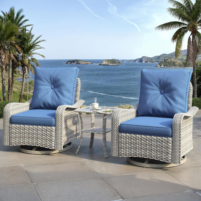 3 Piece Outdoor Wicker Swivel Glider Chairs Set With 4" Cushions And Side Table, Navy