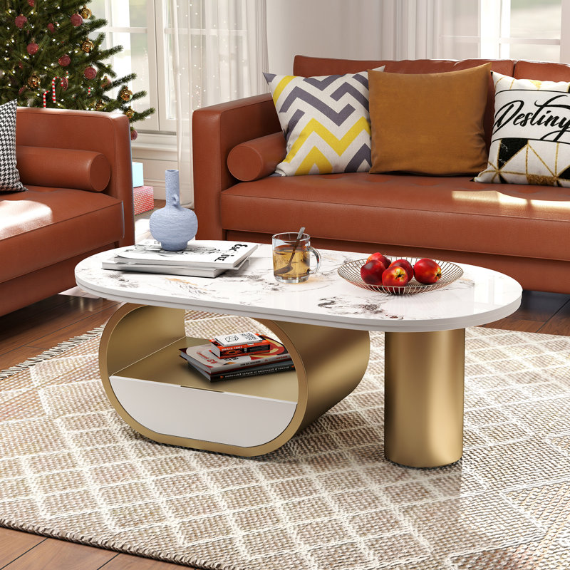 Solid Coffee Table with Storage, White/Gold