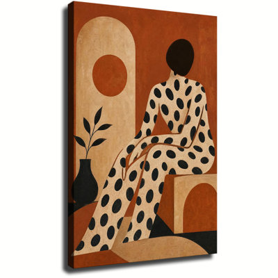 Reproduction d'art mural sur toile terre cuite abstraite à pois figure assise femme géométrique arche vase plante peinture à l'huile murale