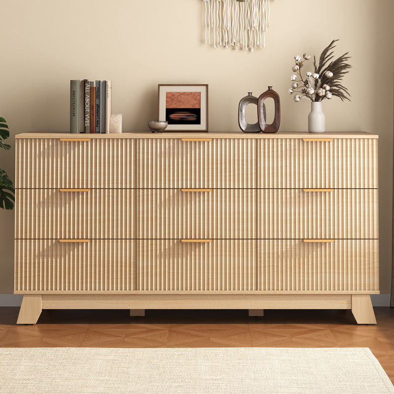 57'' W 9-Drawer Fluted Dresser, Modern Chest of Drawers, Wood Storage Organizer