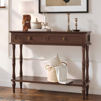 Console de style Mid-Century avec 2 tiroirs et une tablette ouverte, pattes en bois massif (assemblage minimal requis)
