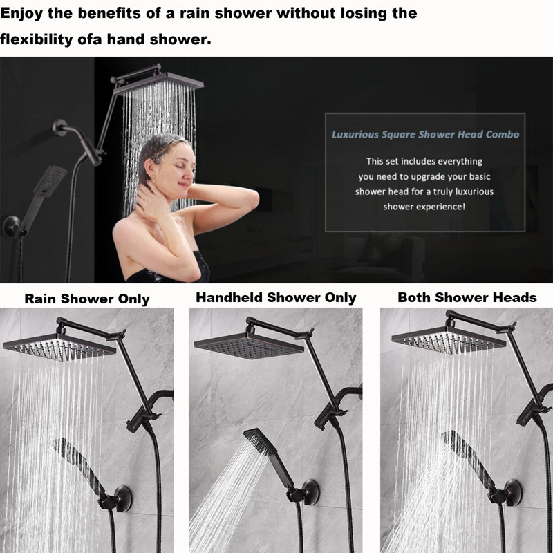 High-Pressure Dual Shower Head System With Extendable Arms - 8" Adjustable Square Rainfall & Handheld Shower Combo