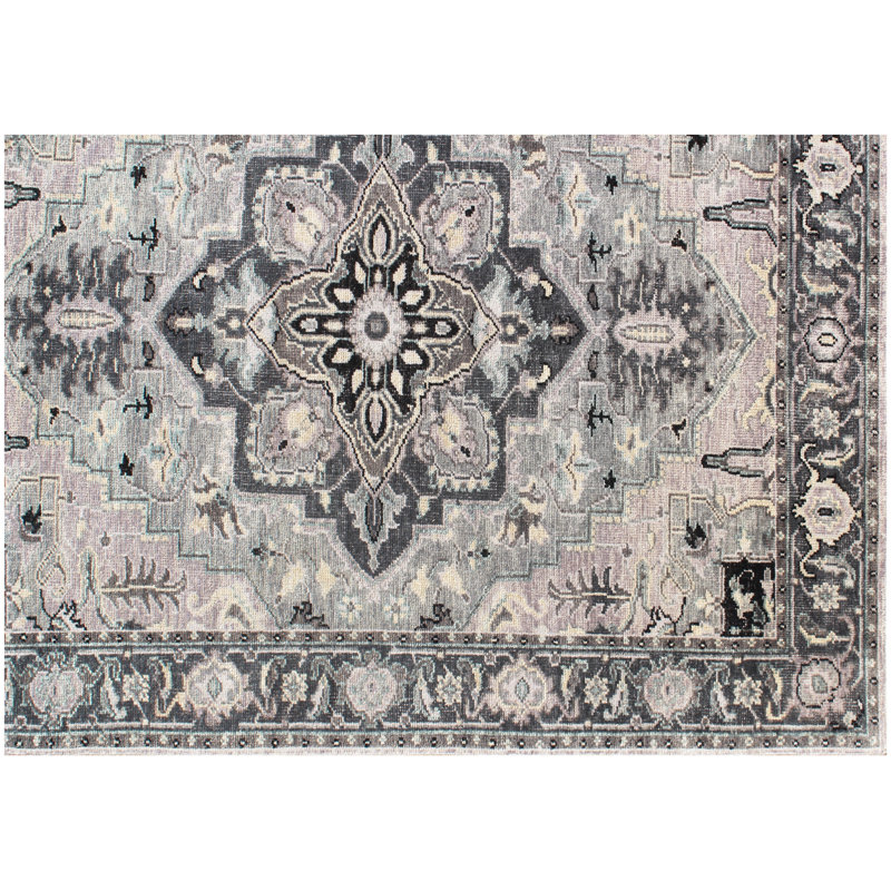 Hand-Knotted Grey Wool Area Rug 8' x 10' ft– Traditional Medallion Design with Ornate Border