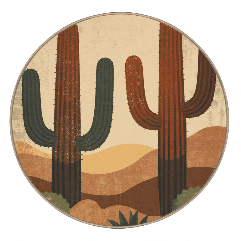 Tapis brun / beige beige lavable à la machine Ortencia Cactus, Rond 3 pi