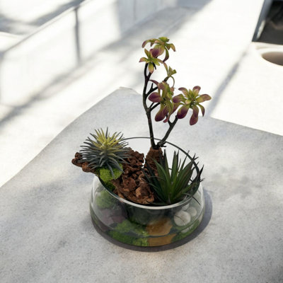 Succulent Design in Clear Circular Irregular Shaped Glass Vase with Epoxy | Unique Succulent Vase with Artificial Succulents