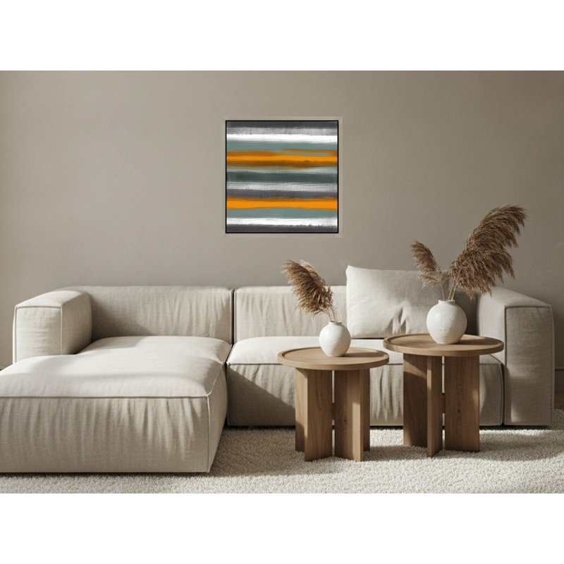 Orange et gris, rayures abstraites - Art mural sur toile encadrée, 36" H x 36" W, Silver