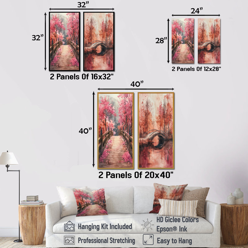 Ensemble de 2 pièces d'art mural pont rose et brun, H 40 po x l 40 po, Cadre flottant érable