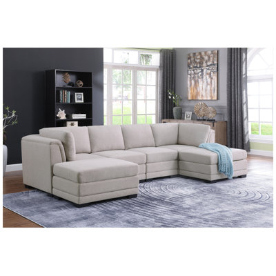 Canapé d'angle modulaire réversible Kristin 121,5 po en tissu lin gris pâle avec 2 poufs
